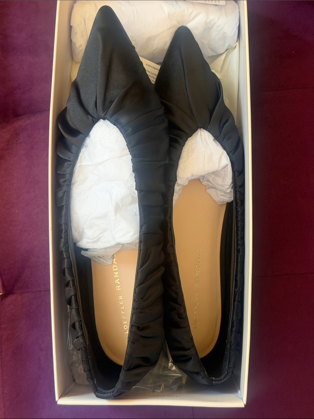Loeffler Randall Black Pointed Satin Ruched Ballet Flats